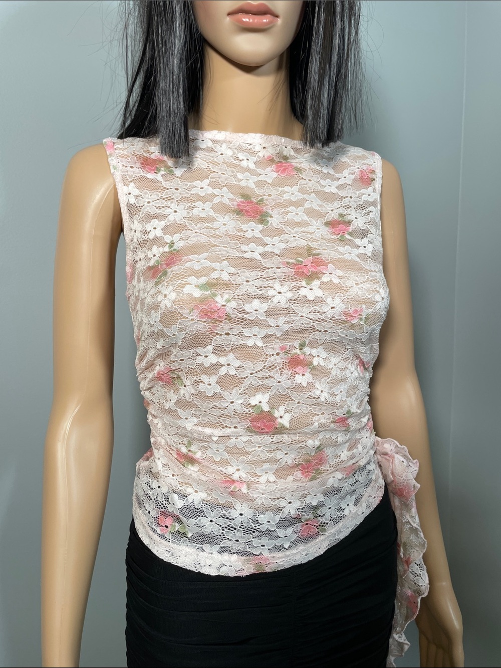 Cider White Lace Floral Camisole with Pink Accents